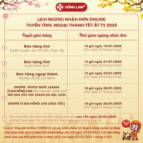 Lịch dừng nhận đơn ship tỉnh Tết 2025